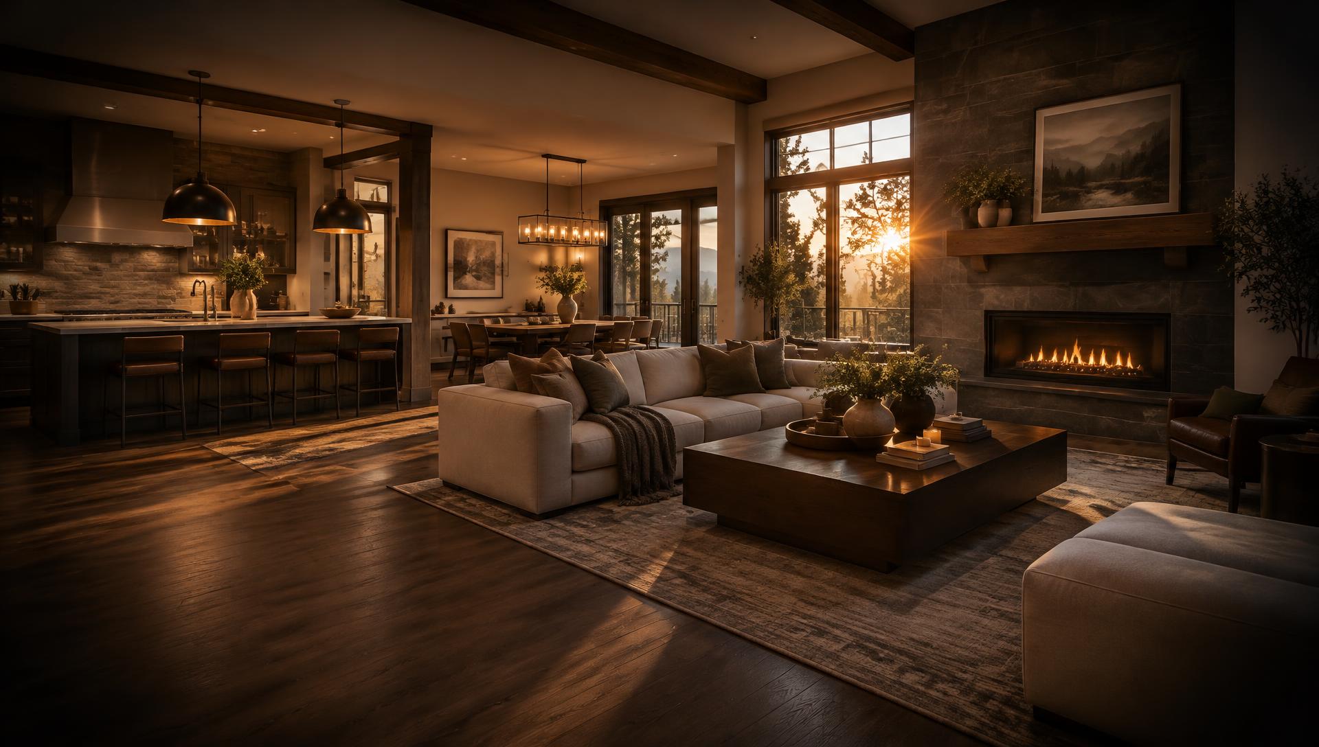 Renovated living room with new hardwood flooring, tile fireplace surround and freshly painted walls